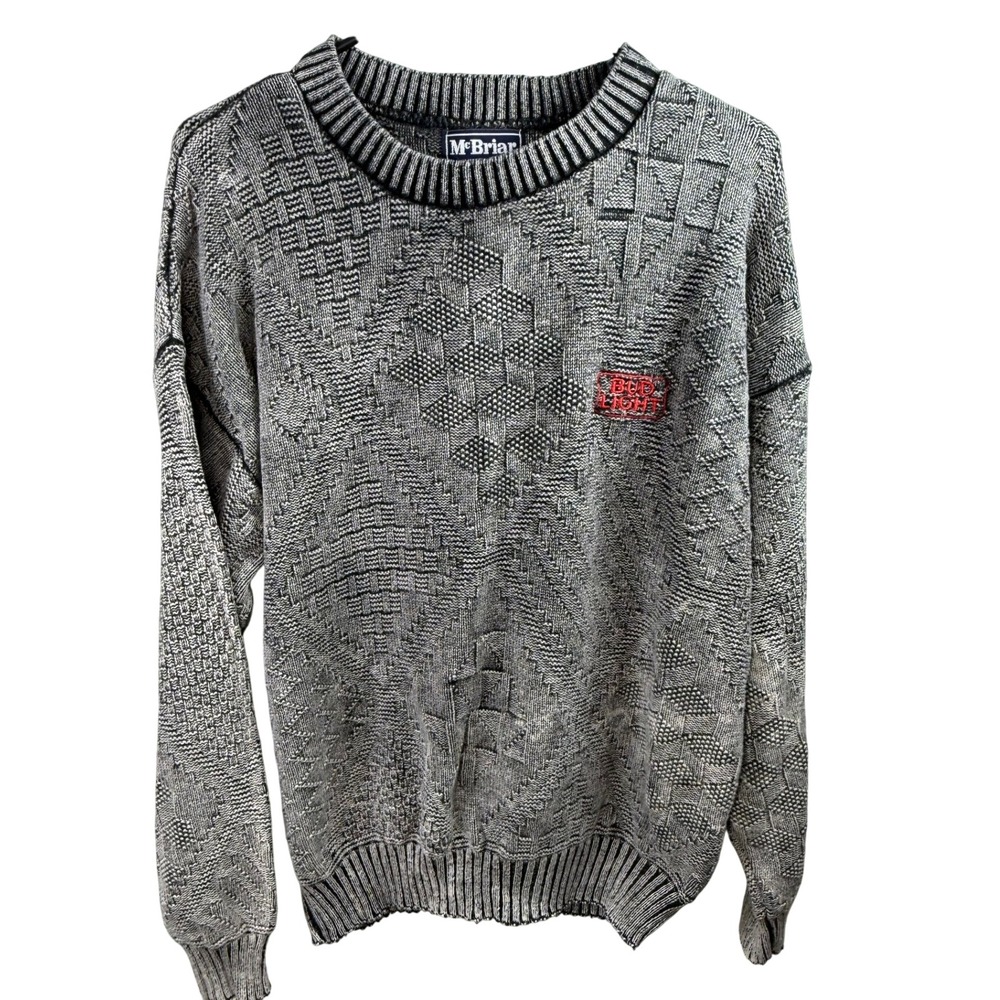Vintage McBriar Bud Light Sweater Mens Large Gray Textured 3D Knit Made in USA